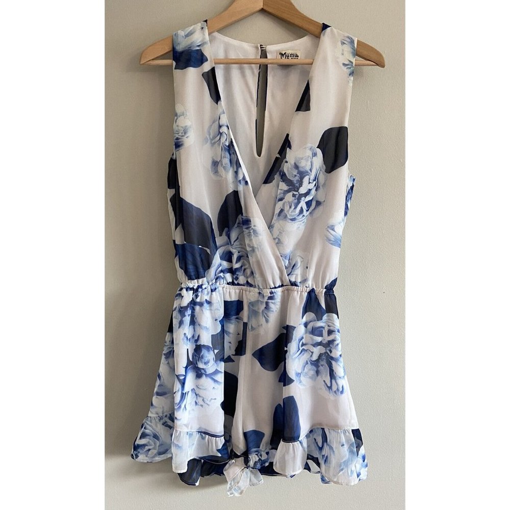 Show Me Your Mumu Romper Blue White Floral Ruffle Size Medium M